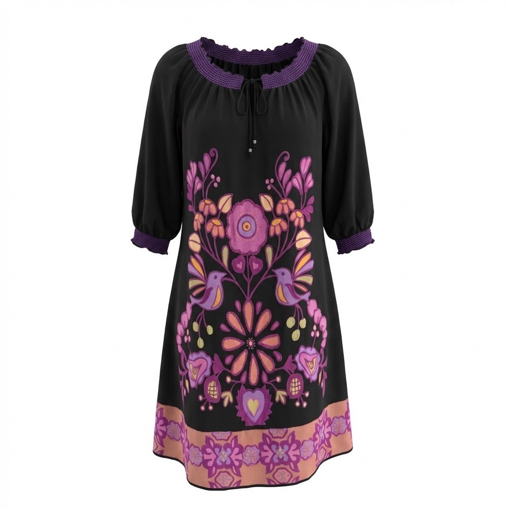 Black Boho Peasant Dress | Bird Floral Print | Smocked Neckline | Size M